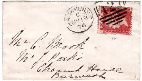 GB 1874, 1d auf Minibrief (96x56 mm) Brief v. Hawkhurst