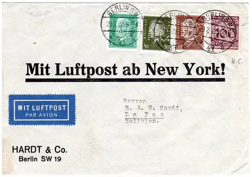 DR 1931, 4 Marken m. perfins auf Luftpost Brief v. Berlin n. Bolivien