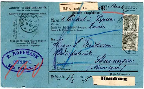 DR 1887, MeF Paar 50 Pf. auf Paketkarte v. Berlin n. Norwegen.