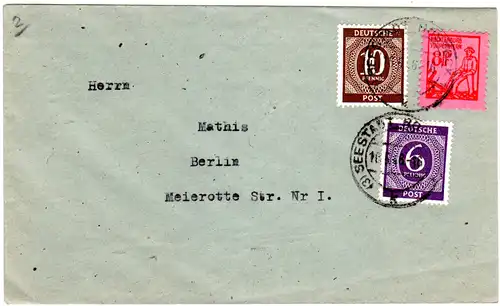 SBZ 1946, 8 Pf. Mecklenburg in MiF m. 6+10 Pf. Ziffer auf Brief v. Rostock