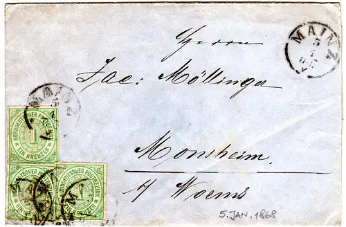 NDP 5.1.1868, 3x1 Kr. auf Brief v. Mainz n. Monsheim b. Worms.