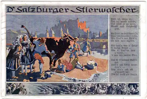 Österreich, Salzburg, D´Salzburger Stierwascher, 1912 gebr. Farb-AK