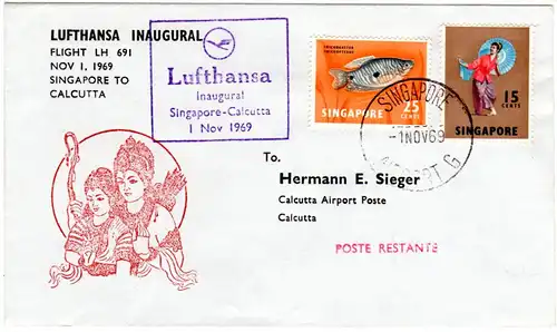 Singapur 1969, Lufthansa Erstflug Brief Singapore-Calcutta
