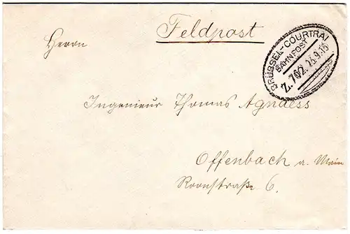 Besetzung Belgien 1915, FP Brief m. klarem Bahnpoststempel Brüssel-Courtrai