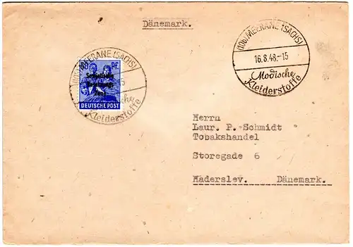 SBZ 1948, EF 50 Pf. auf Brief m. Mode Werbestempel v. Meerane n. Dänemark