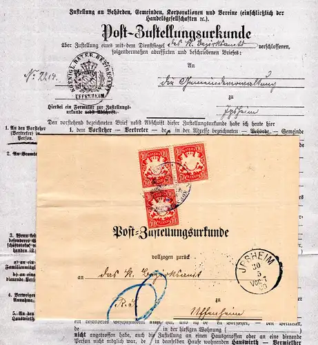 Bayern 1900, 3x10 Pf. auf Postzustellurkunde v. Ipsheim m. Uffenheim Siegelstpl.