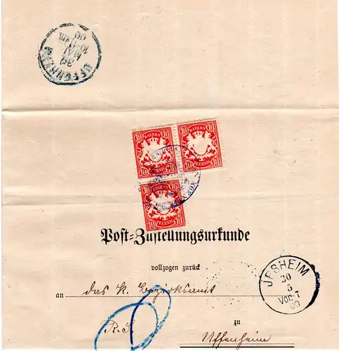 Bayern 1900, 3x10 Pf. auf Postzustellurkunde v. Ipsheim m. Uffenheim Siegelstpl.