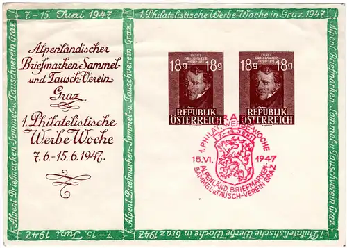 Österreich 1947, 18+18 G. Grillparzer, Graz gest. Privatganzsachenumschlag