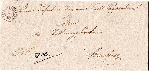 Bayern 1838, Fingerhutstpl. Ingolstadt klar auf Militär Brief n. Berching