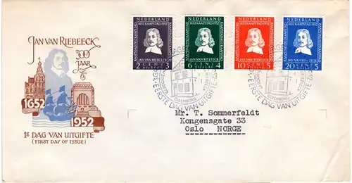 NL 1952, Jan Van Riebeek kpl. auf FDC nach Norwegen