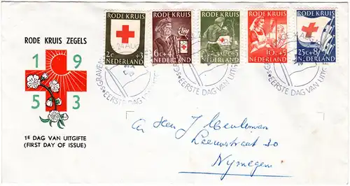 NL 1953, 5 Zuschlagswerte Rotes Kreuz kpl. auf FDC 