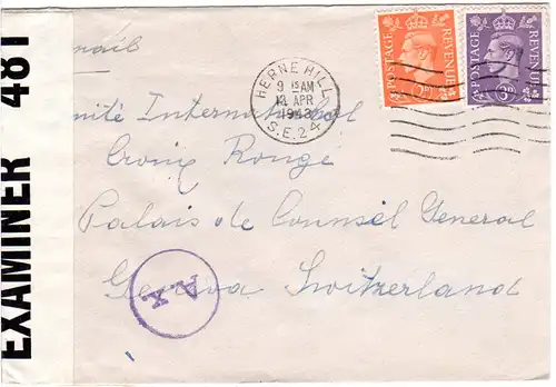 GB 1942, 2+3d auf Brief v. Herne Hill i.d CH m. Doppel Zensur
