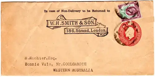 GB, 1 1/2d on 2d stationery wrapper W.H. Smith & Son from London to Australia