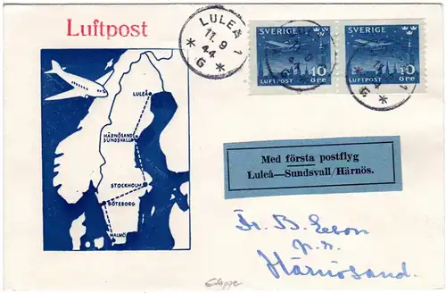 Schweden 1944, 2x10 öre on 1st. flight cover from Lulea to Sundsvall Härnösand