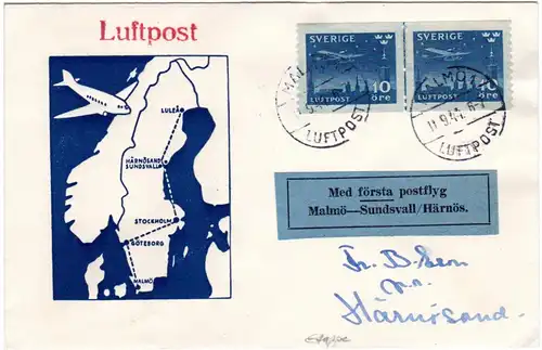 Schweden 1944, 2x10 öre on 1st. flight cover from Malmö to Sundsvall Härnösand