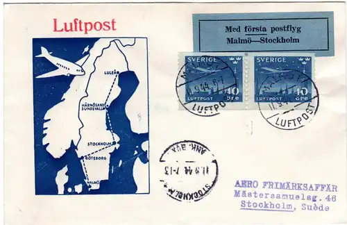 Schweden 1944, 2x10 öre on 1st. flight cover from Malmö to Stockholm