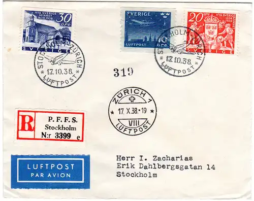 Schweden 1938, 3 stamps on regd. flight cover from Stockholm to Zürich CH