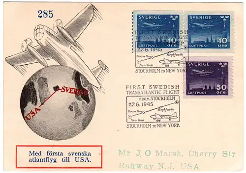 Schweden 1945, 50+2x10 öre on 1st. flight card from Stockholm to New York