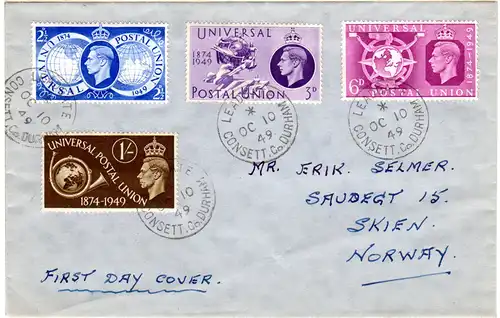 GB 1949, 4 Werte UPU kpl. auf FDC nach Norwegen.