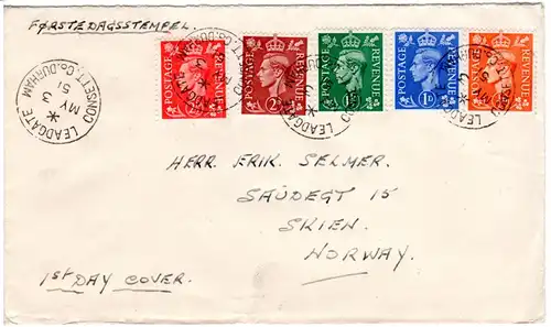 GB 1951, 5 Werte kpl. Ausgabe auf FDC nach Norwegen.