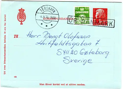 Faeröer 1976, R1 UR DANMARK auf DK Schiffspost Kartenbrief v. Torshavn