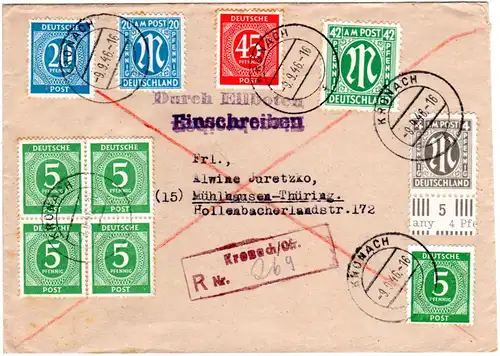 1946, 10 Marken auf Einschreiben Eilboten Brief v. Kronach n. Mühlhausen