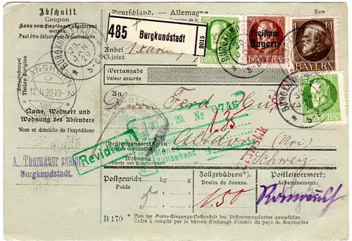 Bayern 1920, 4 Ludwig Marken auf Paketkarte v. Burgkundstadt i.d. Schweiz