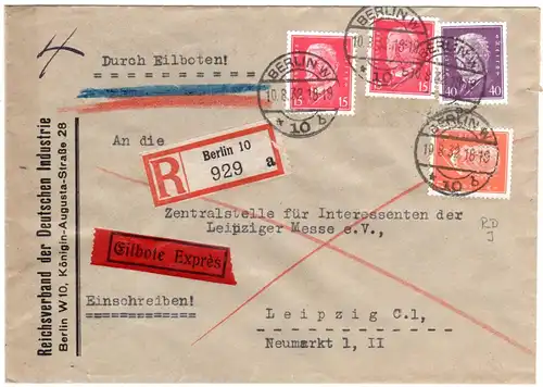 DR 1932, 12+40 Pf. m. perfins u. 2x15 Pf. auf Reko Express Brief v. Berlin