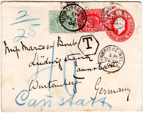GB 1905, 1/2+1d on underpaid stationery cover fr. Tunbridge Wells to Württemberg