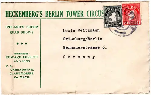 Irland 1934, 1+2 P. auf Heckenberg´s Berlin Tower Circus Vordruckumschlag 