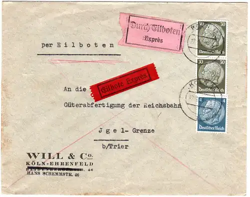 DR 1936, 4+2x30 Pf. auf Eilboten Brief v. Köln n. Igel-Grenze b. Trier