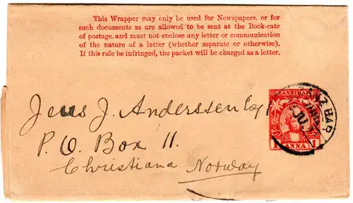Sansibar 1903, 1 A. Streifband Ganzsache v. Zanzibar n. Norwegen