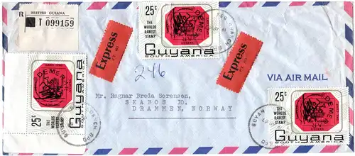 Guyana 1967. MeF 3x25 C. 1d red Briefmarke auf Reko Express Brief n. Norwegen