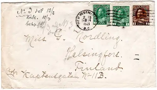 Kanada 1921, 3+2x1 C. auf Brief v. New Westminster n. Finnland. Destination!