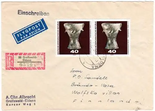 DDR 1970, MeF 2x40 Pf Tontrommel auf Reko Brief v. Greifswald-Eldena n. Finnland