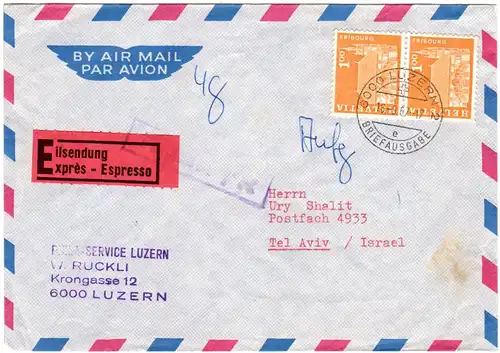 Schweiz 1967, MeF 2x1 Fr. auf Luftpost Eilboten Brief v. Luzen n. Israel.