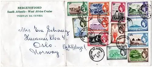 Tristan Da Cuhna 1957, 12 Werte auf Bergensfjord Africa Cruise Brief n. Norwegen