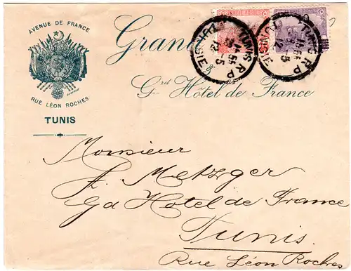 Tunesien 1912, 10+10/15 C. auf Hotel Brief v. Tunis