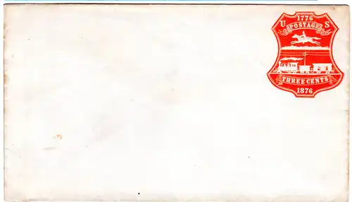 USA 1876, ungebr. 3 C. Ganzsachenumschlag m. Eisenbahn u. Postreiter