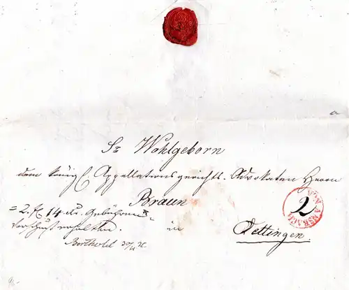 Bayern 1831, roter Ovalstpl. VON ANSBACH auf Post-Vorschuss Brief n. Oettingen