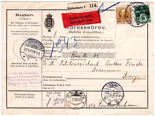 DK 1912, 5+100 öre auf Nachnahme Paketkarte v. Kopenhagen n. Norwegen
