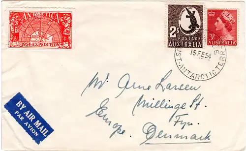 Australien 1954, 3 1/2d+2 S. u. Antarctica Expedition Vignette auf Brief n. DK