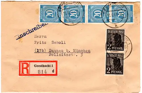 1947, 4x20+2x2 Pf. auf Einschreiben Brief v. Geesthacht n. Dachau.