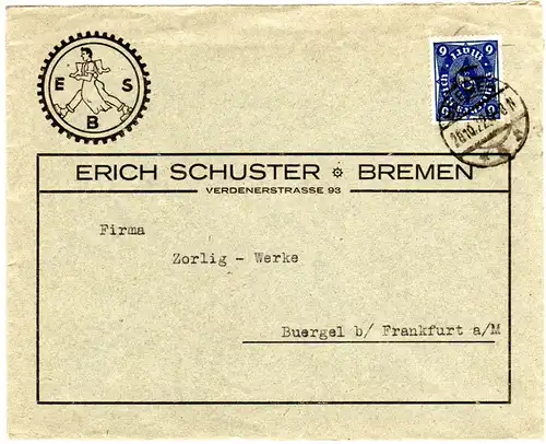 DR 1922, EF 6 Mk. auf illustriertem Firmenbrief v. Bremen