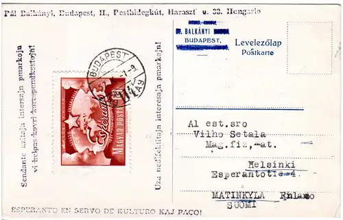 Ungarn 1957, 60 F. Esperanto auf entsprechender Karte v. Budapest n. Finnland.