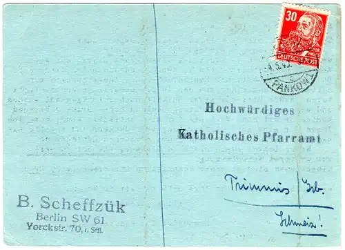 SBZ 1949, EF 30 Pf. Engels auf Karte v. Berlin-Pankow i.d. Schweiz