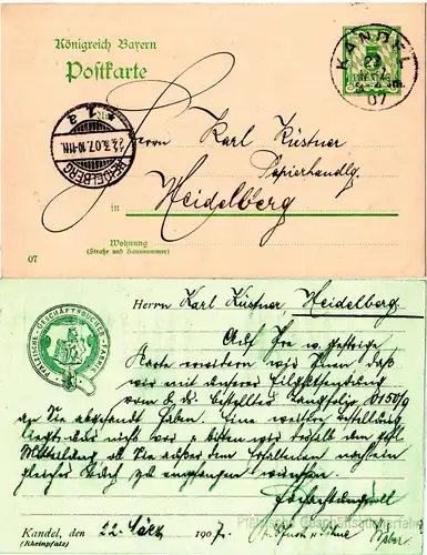 Bayern 1907, gebr. 5 Pf. Ganzsache m. rücks. illustriertem Zudruck v. Kandel