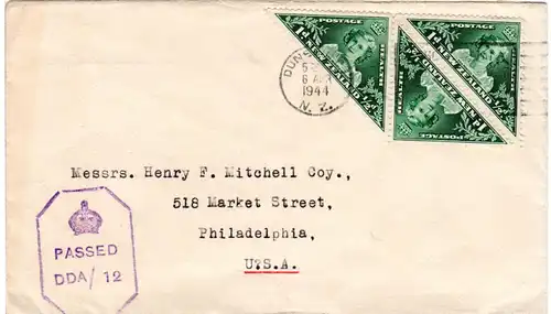 Neuseeland 1944, MeF 3x1d Gesundheit Dreiecksmarken auf Zensurbrief n. USA