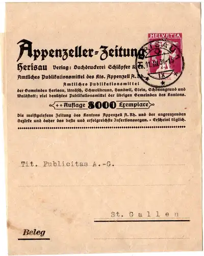 Schweiz 1931, gebr. 5 C. Privatganzsache Streifband Appenzeller Zeitung 