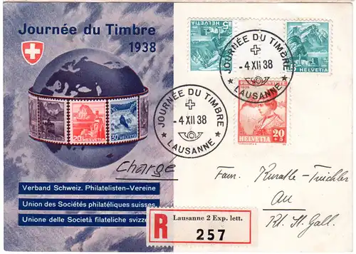 Schweiz 1938, Kehrdruck 5 C+20 C. Pro Juventute auf Karte zum Tag der Briefmarke